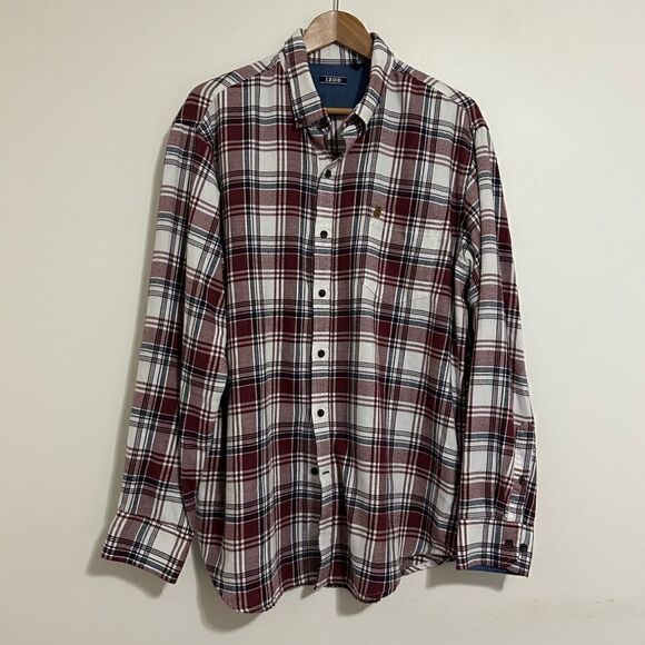 Izod Shirt Flannel Button-Up Size XL Men's Red Blue White Plaid Long Sleeve - Picture 1 of 6
